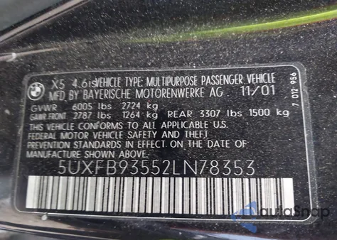 2002 BMW X5 4.6Is z USA, uszkodzony, nr VIN 5UXFB93552LN78353